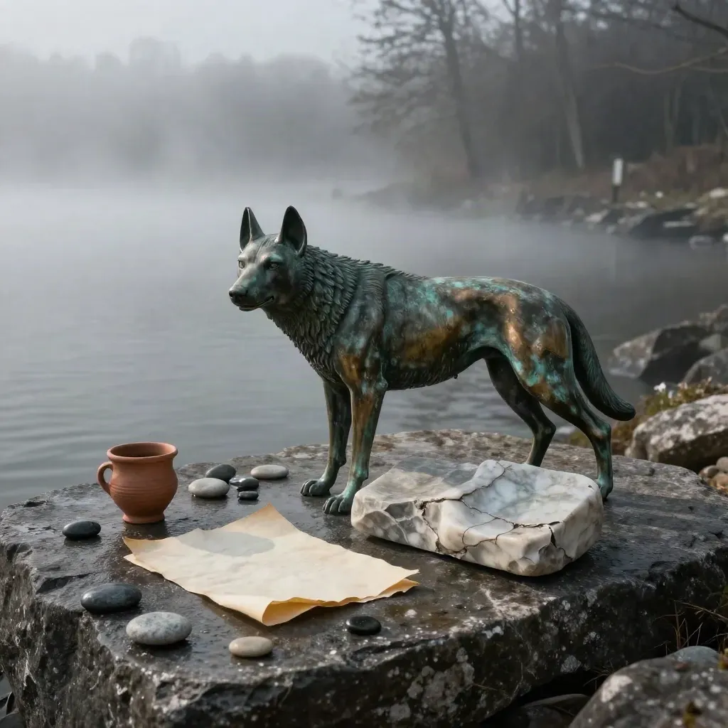 Lupa bronzea, frammento marmoreo, pergamena e coppa votiva nella nebbia dell’alba.