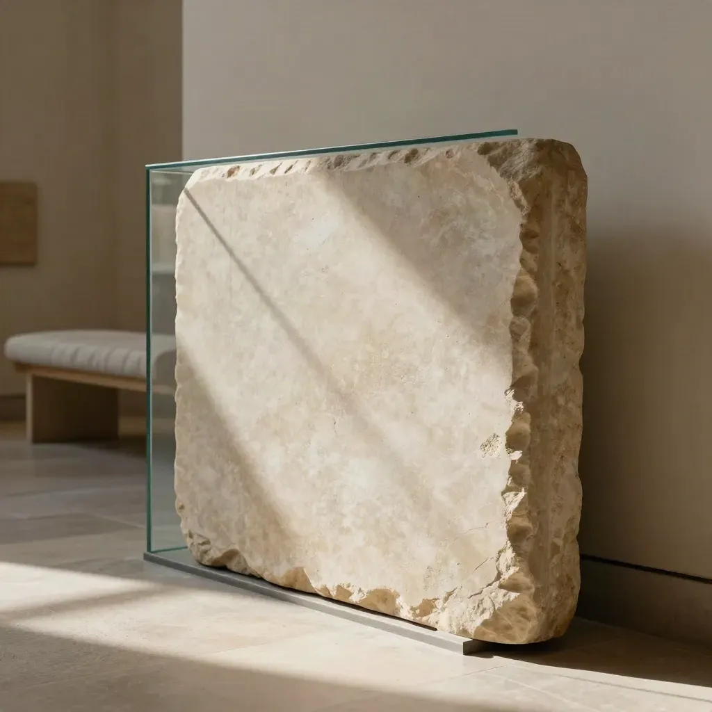 Sala museo con lastra votiva scolpita, teca in vetro e panca di lino, in luce del tardo pomeriggio.