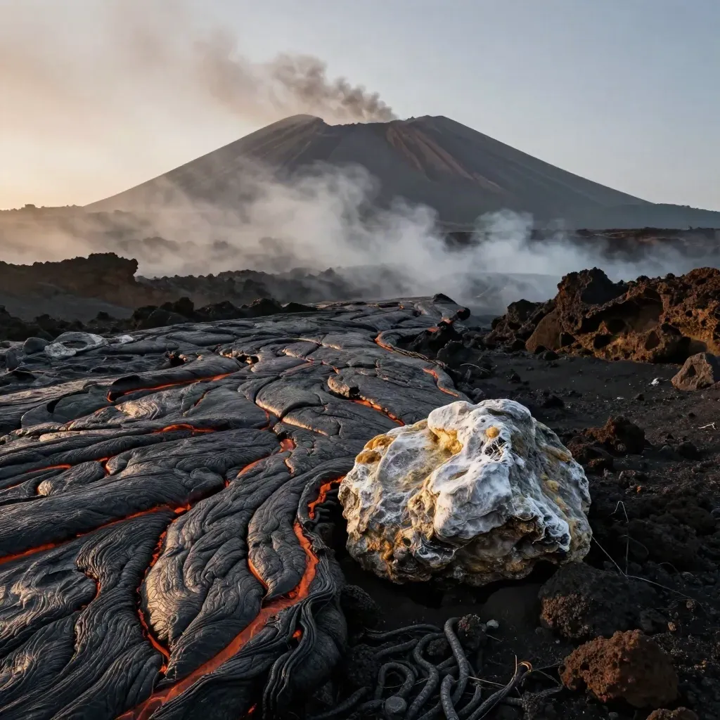 Colata lavica dell’Etna all’alba con rocce solforose e fumo sulla cima