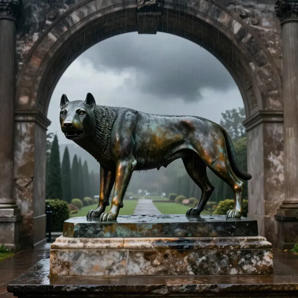 Statua della lupa capitolina sotto un arco di museo, con pietra bagnata e cipressi nella nebbia