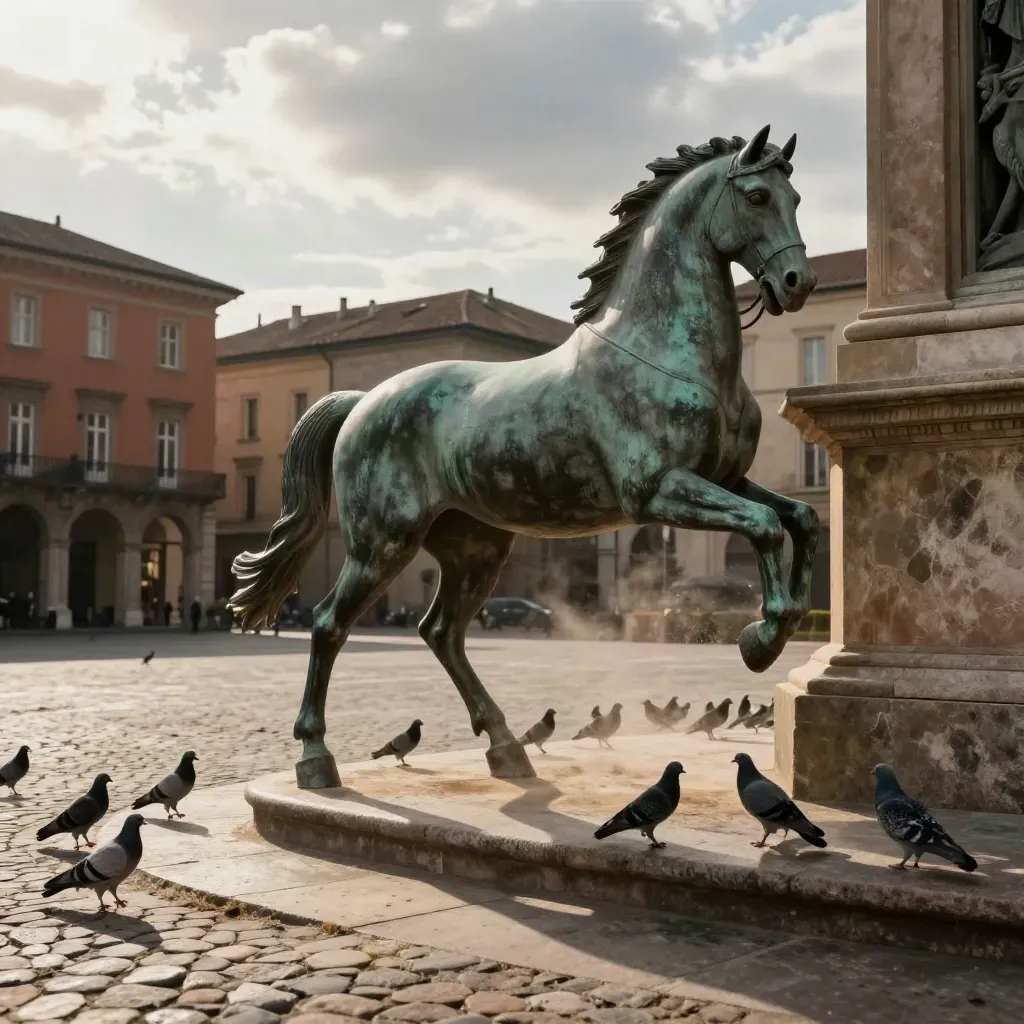 Monumento equestre di bronzo in piazza storica, con colombi in volo e luce radente.