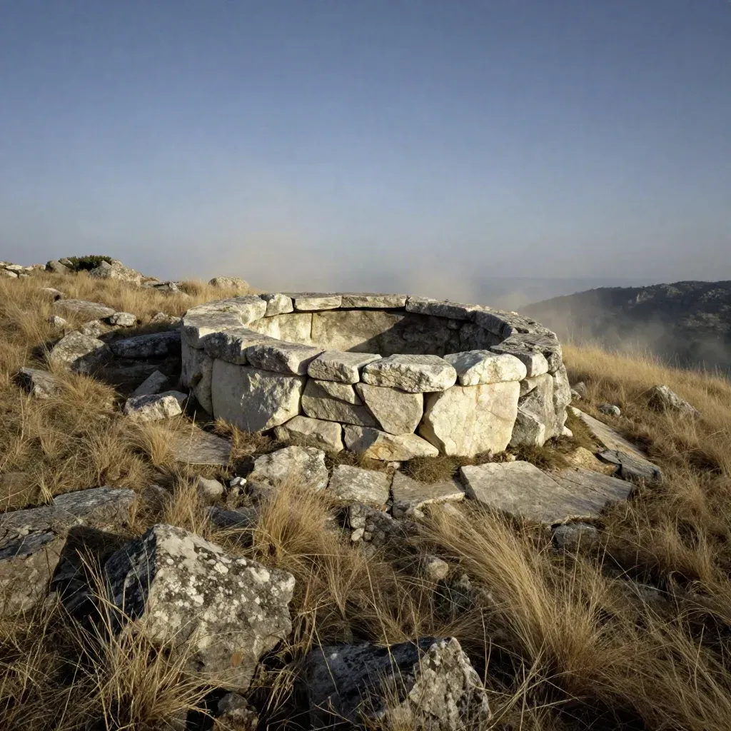 Nuraghe e pozzo sacro in Sardegna su un altopiano battuto dal vento.