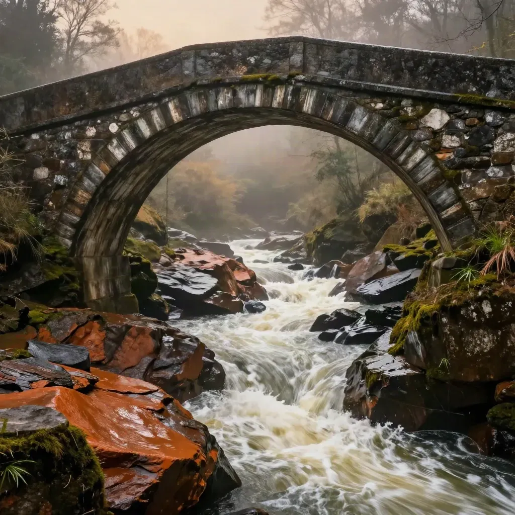 Ponte in pietra antica sul torrente in piena, visto dal basso tra spruzzi e nebbia.