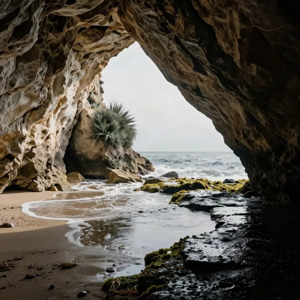Bocca di grotta sul Gargano con mare in ritirata, pozze salmastre e macchia costiera.