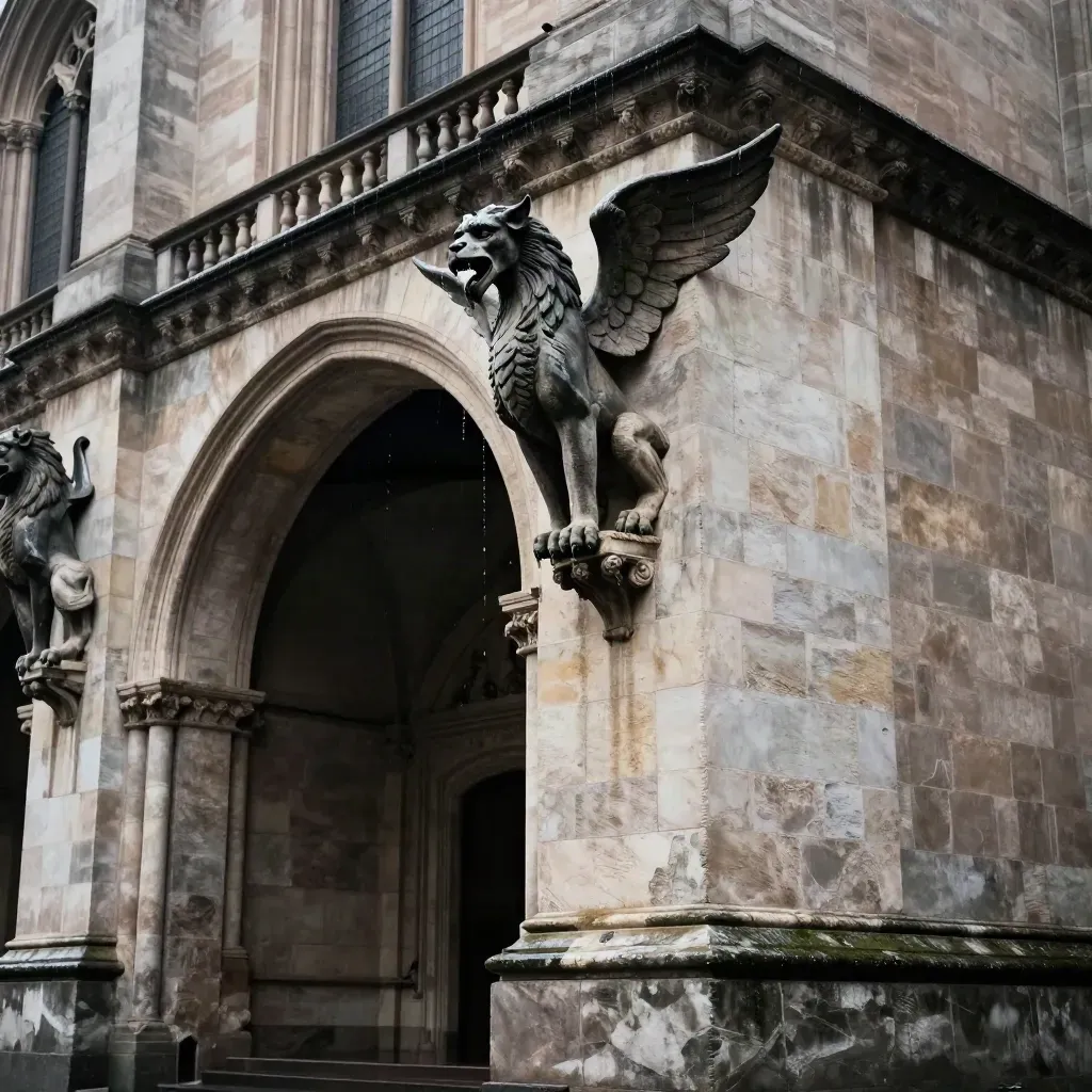 Grifone scolpito sul Duomo di Modena, pietra bagnata e arco d’ombra sotto