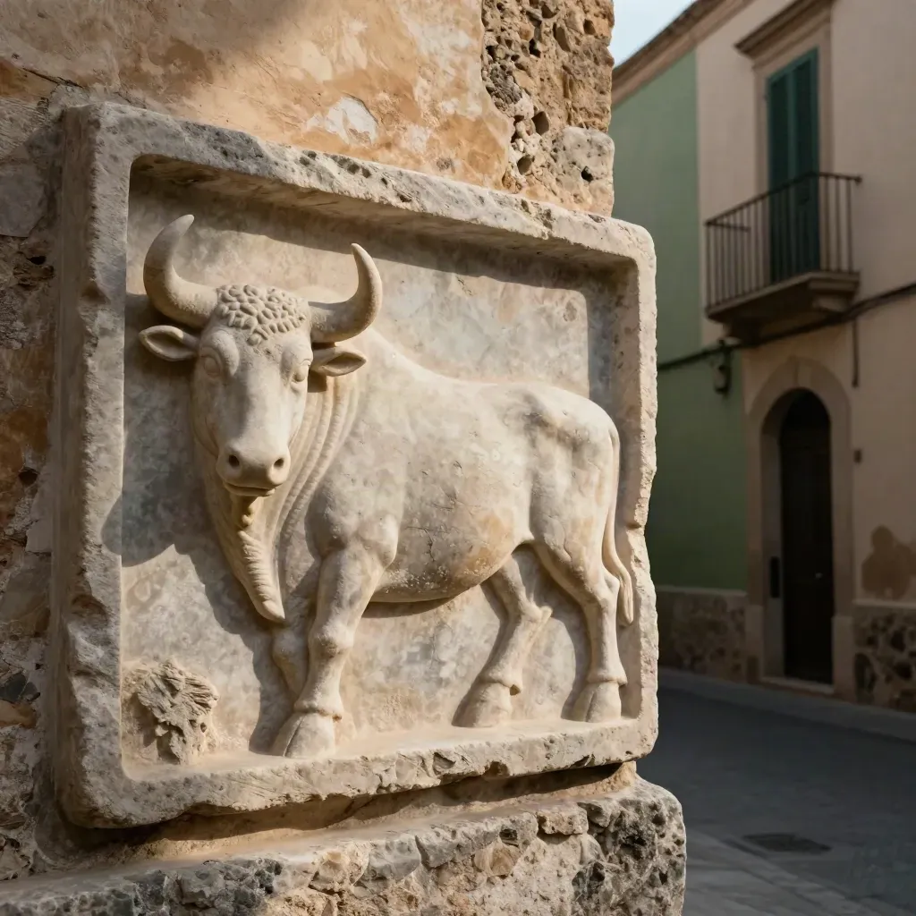Rilievo in pietra di un toro a Cagliari, in un vicolo caldo e ombroso del centro storico.