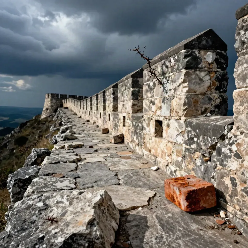 Muro di rocca in rovina sul crinale, vento e ghiaia in movimento sotto cieli di tempesta.