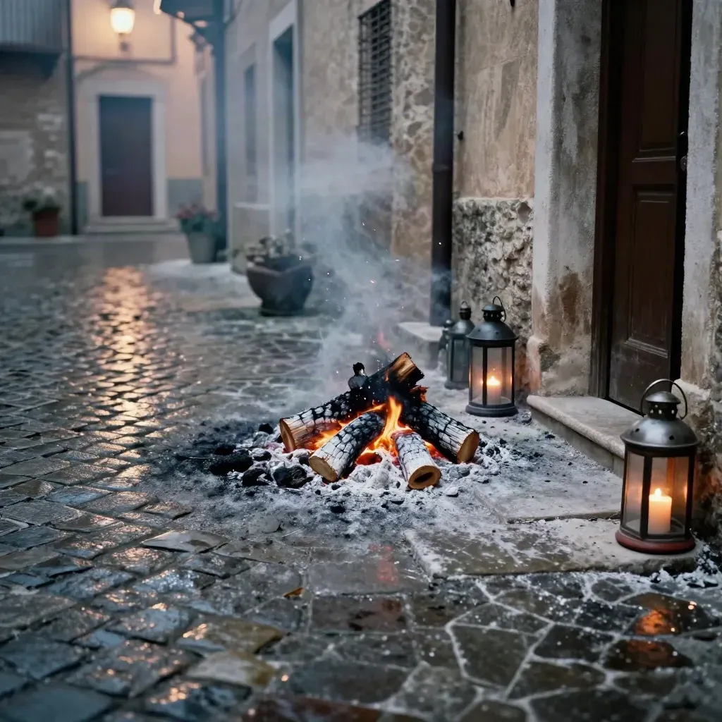 Log bruciati e lanterne spente in una piazza di paese, con cenere e fumo tra i portoni.
