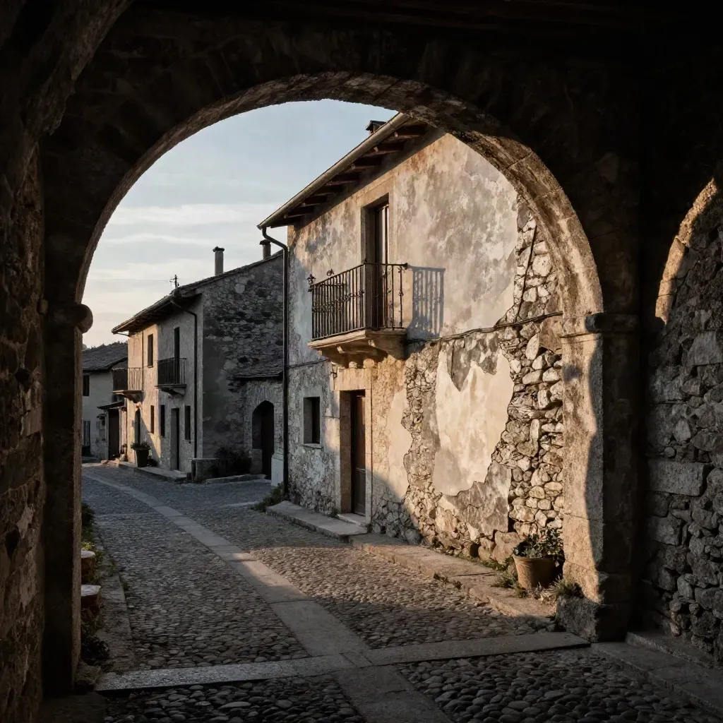 Case in pietra sotto un antico arco, con vicolo stretto e luce crepuscolare.
