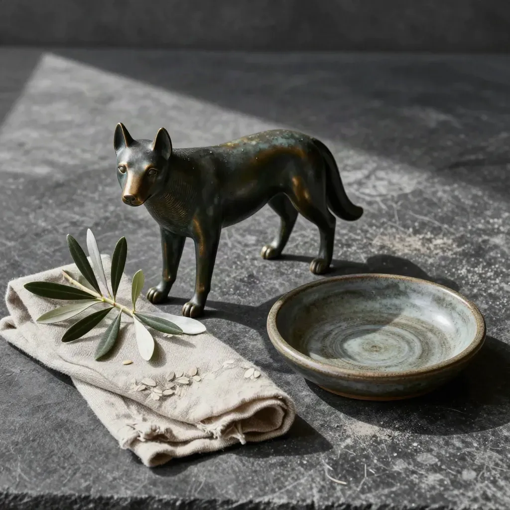Lupa bronzea con ramoscello d’olivo, lino piegato e piatto in ceramica su pietra scura