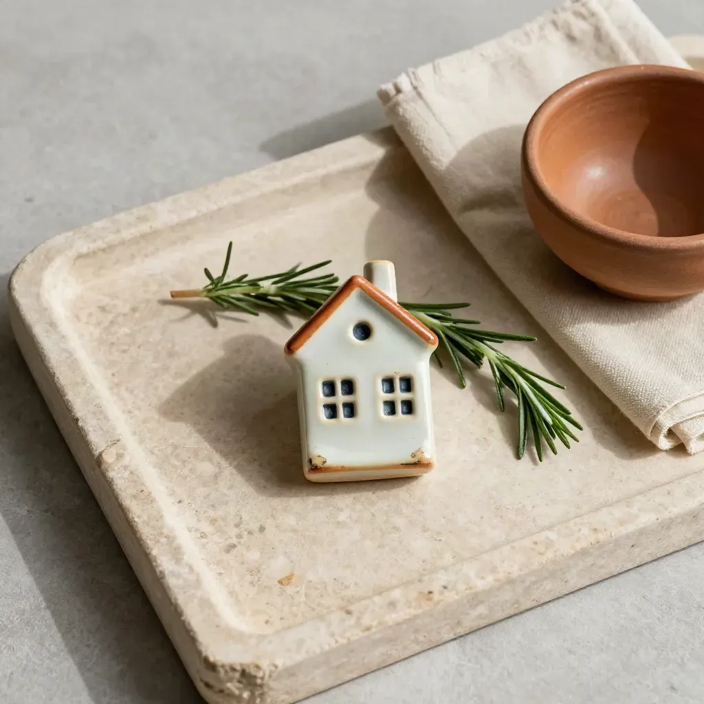 Charm devozionale in ceramica, rosmarino, panno di lana e ciotola su vassoio di pietra.