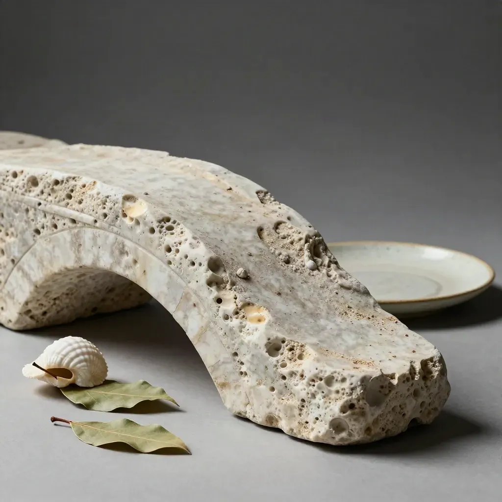 Frammento di ponte in travertino, conchiglia votiva, alloro e piatto ceramico su fondo chiaro